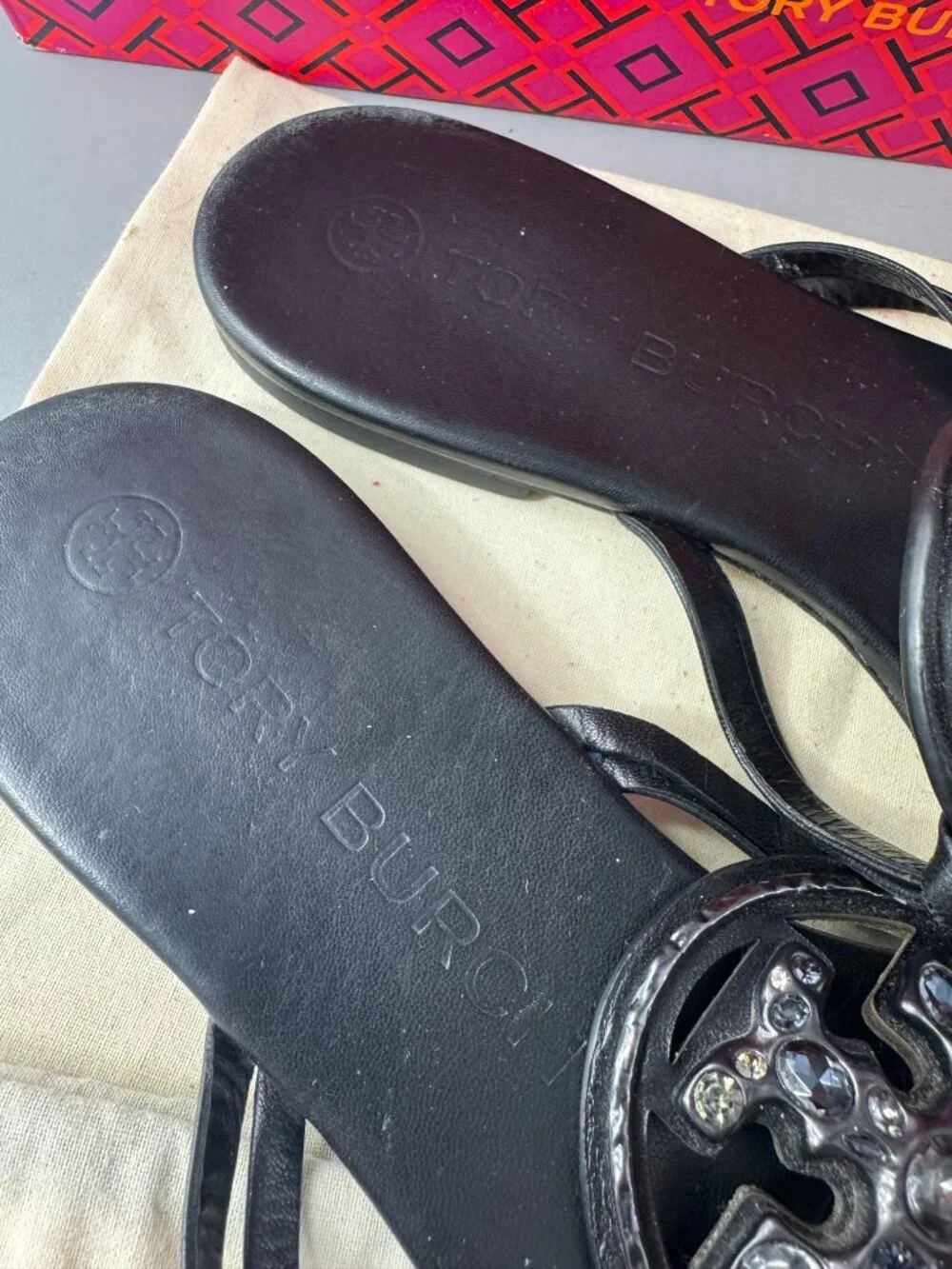 Tory Burch Embellished Crystal Miller Black Leather Sandal, Size 8
